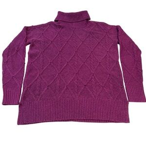 LOFT Women's Sweater Medium Purple Diamond Cable Knit Turtleneck‎ Pullover